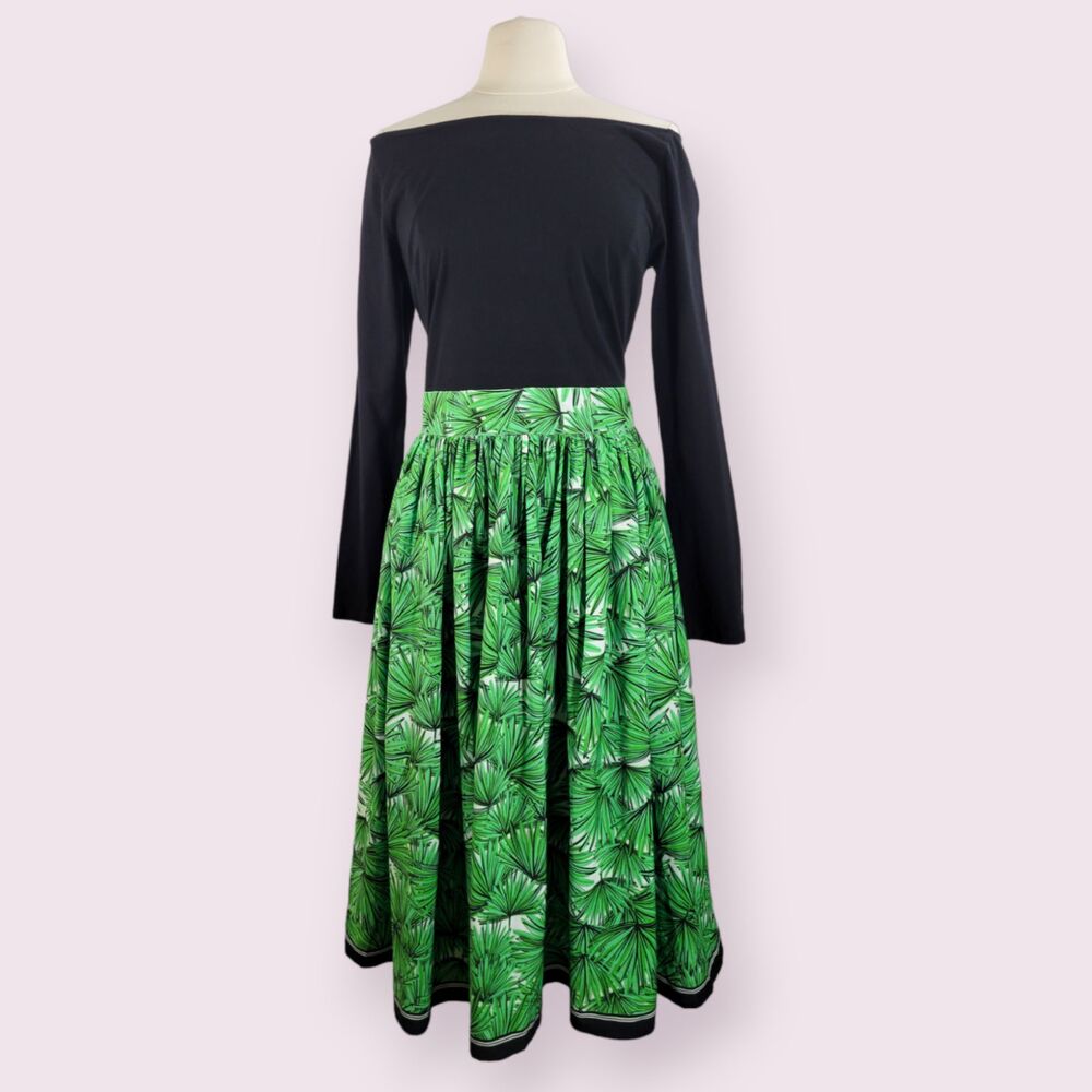 eshakti Dress Black Top with Green Palm-Print Midi Skirt